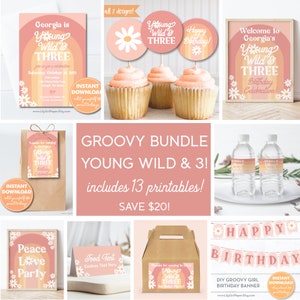 K&ouml;nnte beinhalten: Ein druckbares Party-Paket f&uuml;r einen 3. Geburtstag mit einem groovigen Thema. Das Paket enth&auml;lt 13 Druckvorlagen, darunter Einladungen, Etiketten f&uuml;r Lebensmittel, Etiketten f&uuml;r Wasserflaschen, ein Banner und ein Schild mit der Aufschrift "Georgia is Young Wild & Three".