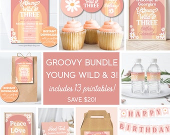 Groovy Young Wild & 3 Birthday Bundle, Groovy 3rd Birthday Party Pack, 8 Editable Files and 5 Ready Made Downloads, Editable Corjl Templates