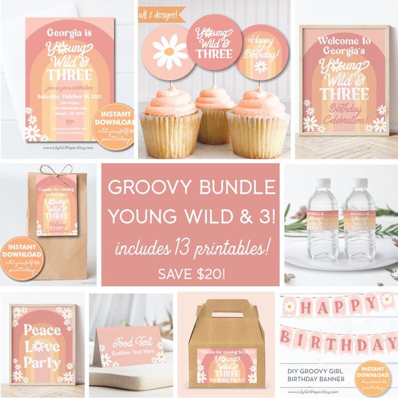 K&ouml;nnte beinhalten: Ein druckbares Party-Paket f&uuml;r einen 3. Geburtstag mit einem groovigen Thema. Das Paket enth&auml;lt 13 Druckvorlagen, darunter Einladungen, Etiketten f&uuml;r Lebensmittel, Etiketten f&uuml;r Wasserflaschen, ein Banner und ein Schild mit der Aufschrift "Georgia is Young Wild & Three".