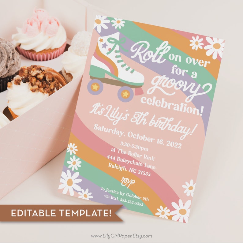 May include: A colorful invitation with a retro roller skate design. The invitation is for Lily's 8th birthday party at The Roller Rink on October 16, 2022, from 3:30 to 5:30 pm. The invitation has a groovy theme with daisies and rainbow colors.