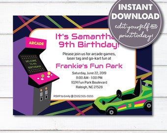 Editable Arcade Birthday Party Invitation, Instant Download, Laser Tag, Arcade Games, Go-Karts, Printable, 0153