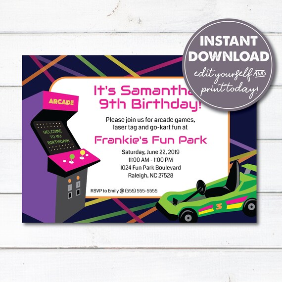 Editable Arcade Birthday Party Invitation, Instant Download, Laser Tag, Arcade Games, Go-Karts, Printable, 0153 Il_570xn