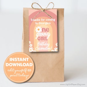 Editable One Groovy, Girl&#39;s 1st Birthday Party Favor Tags, INSTANT DOWNLOAD! 70s theme, Daisies, Boho Printable Favor, Goodie Bag, 0291