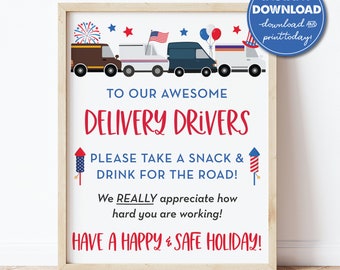 Delivery Driver Snack & Drink Sign, Patriotic Sign, 4th of July, Memorial Day, Thank You Sign, Take Snack, Printable Instant Download, 0288