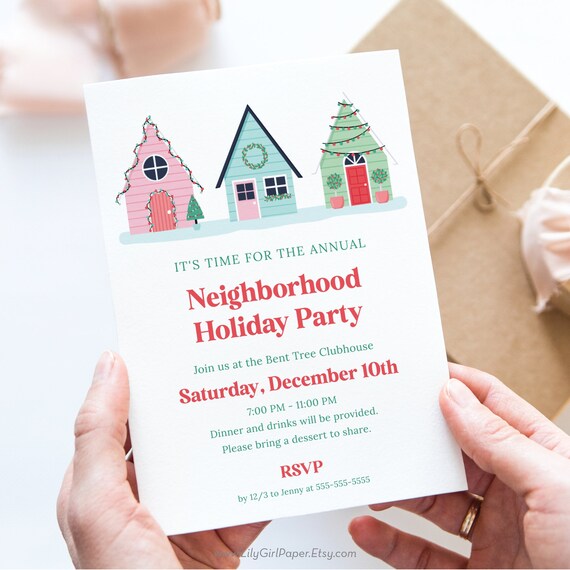 Editable Neighborhood Holiday Party invitation Template, Instant