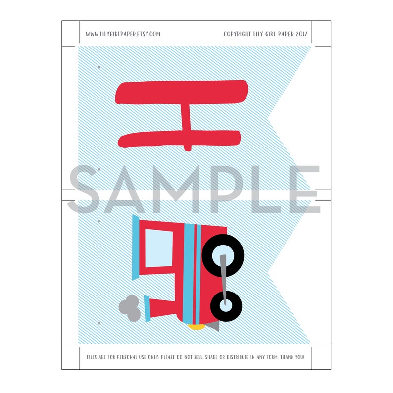 May include: Printable train themed banner with red, blue, and yellow colors. The banner features a train with a red body, blue windows, and black wheels. The banner also includes the text "SAMPLE".