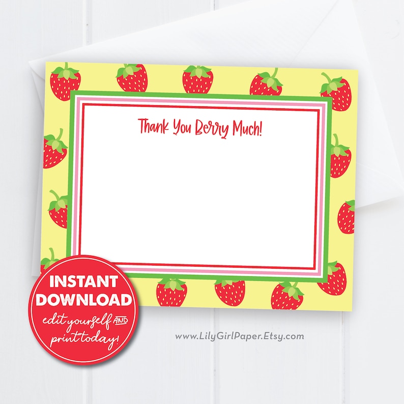 Strawberry Birthday Party Thank You Card, Strawberry Notecard, Thank You Berry Much, Strawberry Theme, Digital, INSTANT DOWNLOAD, 0295 image 1