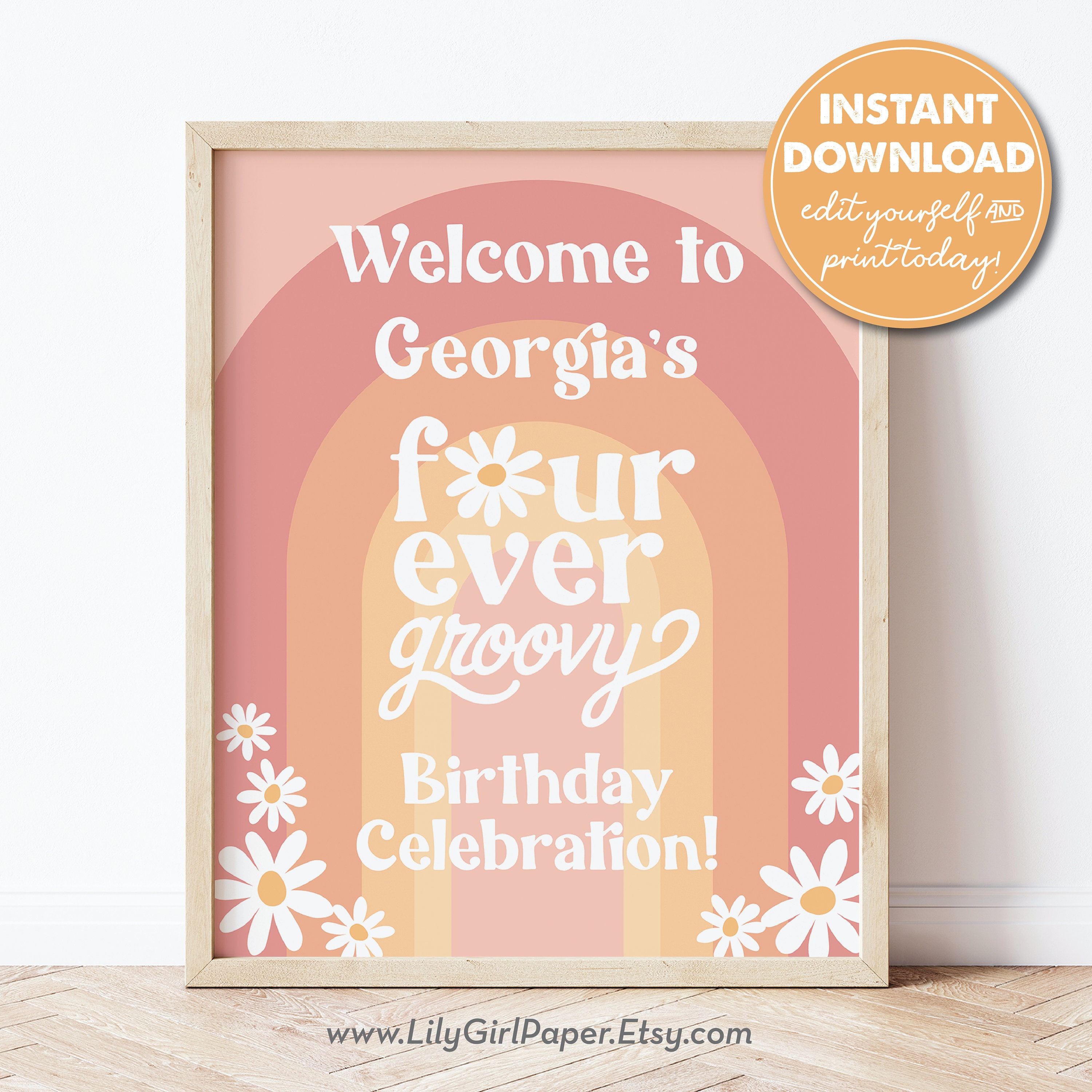 グラこころ 誕生日ポスター 4枚セット Editable Four Ever Groovy Girls 4th Birthday Party Welcome