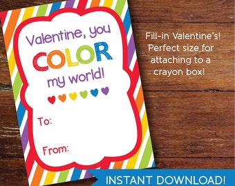 Valentine's Cards, INSTANT DOWNLOAD, You Color My World, Crayons Valentine, School, Preschool Class Valentine