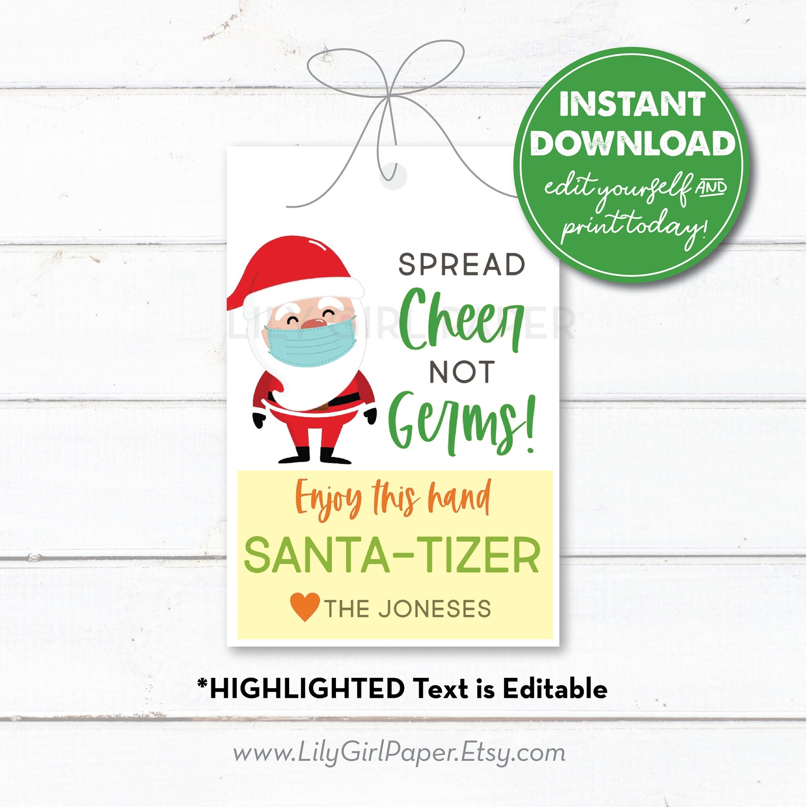 Editable Hand Sanitizer Christmas Gift Tag Santa-tizer Favor | Etsy