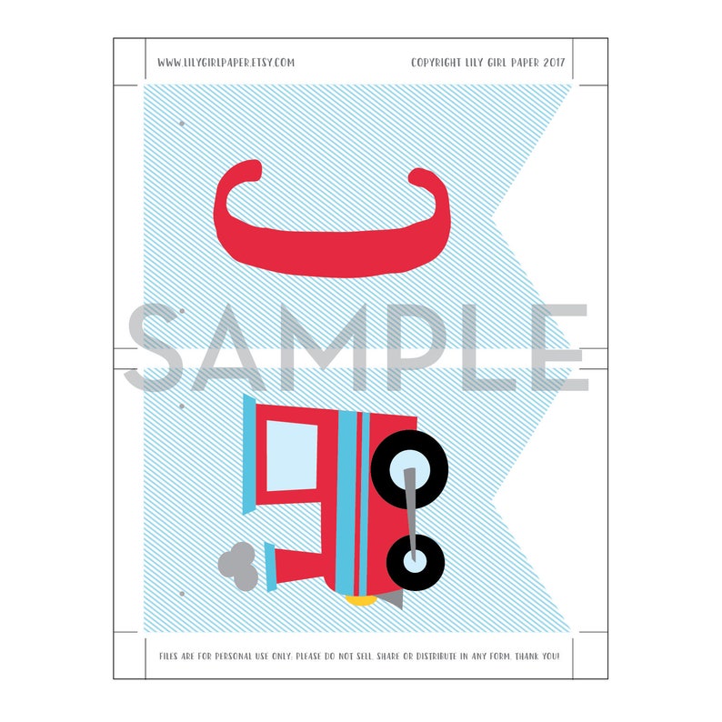 May include: A printable banner with a red train and blue and white stripes. The banner says "SAMPLE" and includes the text "WWW.IILYGIRLPAPER.ETSY.COM" and "COPYRIGHT LILY GIRL PAPER 2017".