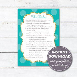 Editable Scavenger Hunt Mall Party, Teal & Gold Tween Teen Birthday, 10th, 11th, 12th, 13th, 14th, 15th Birthday, Template, Printable, 0102