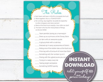 Editable Scavenger Hunt Mall Party, Teal & Gold Tween Teen Birthday, 10th, 11th, 12th, 13th, 14th, 15th Birthday, Template, Printable, 0102