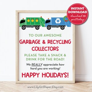 Garbage, Trash and Recycling Collector Thank You Snack & Drink Sign, Happy Holidays, Christmas Gift, Holiday Cheer, Instant Download 0288