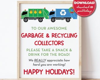 Garbage, Trash and Recycling Collector Thank You Snack & Drink Sign, Happy Holidays, Christmas Gift, Holiday Cheer, Instant Download 0288