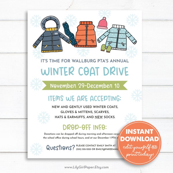 Winter Coat Drive Flyer Editable Template, Winter Clothing Donations, 8.5x11 PTA/PTO Flyer, Holiday Church Group or School, Instant Download