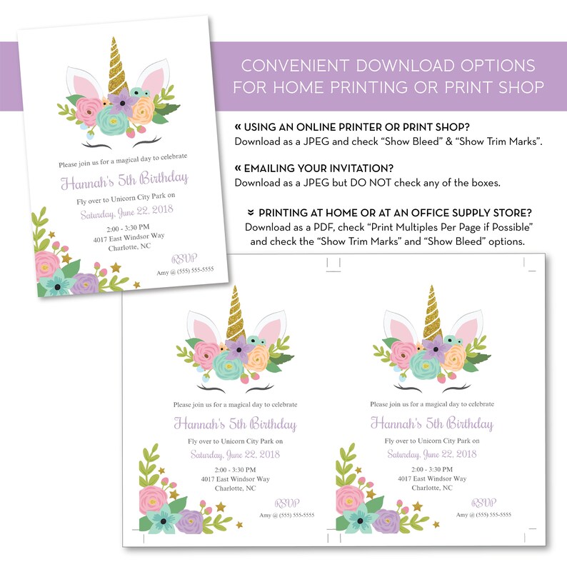Op de afbeelding: Printbare uitnodiging voor een unicorn-thema 5e verjaardagsfeest. De uitnodiging toont een roze unicorn met een gouden hoorn en bloemen. De tekst luidt "Hannah's 5th Birthday" en bevat de datum, tijd en locatie van het feest.