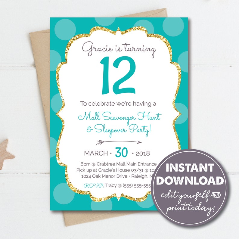 Editable 10th, 11th, 12th, 13th, 14th, 15th Birthday Party Invitation, Tween Teen Birthday, Scavenger Hunt Mall Party, Editable 0102 image 1