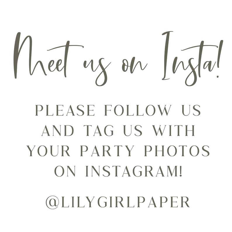 May include: Text graphic with the words "Meet us on Insta!" followed by "Please follow us and tag us with your party photos on Instagram!" and "@LILYGIRLPAPER".