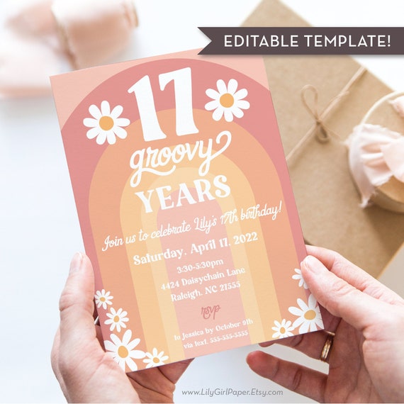 Editable Groovy Years Birthday Party Invitation, Change to ANY AGE! 70s theme, Daisies, Rainbow, INSTANT Download, Edit & Print/Email! 0313 Il_570xn