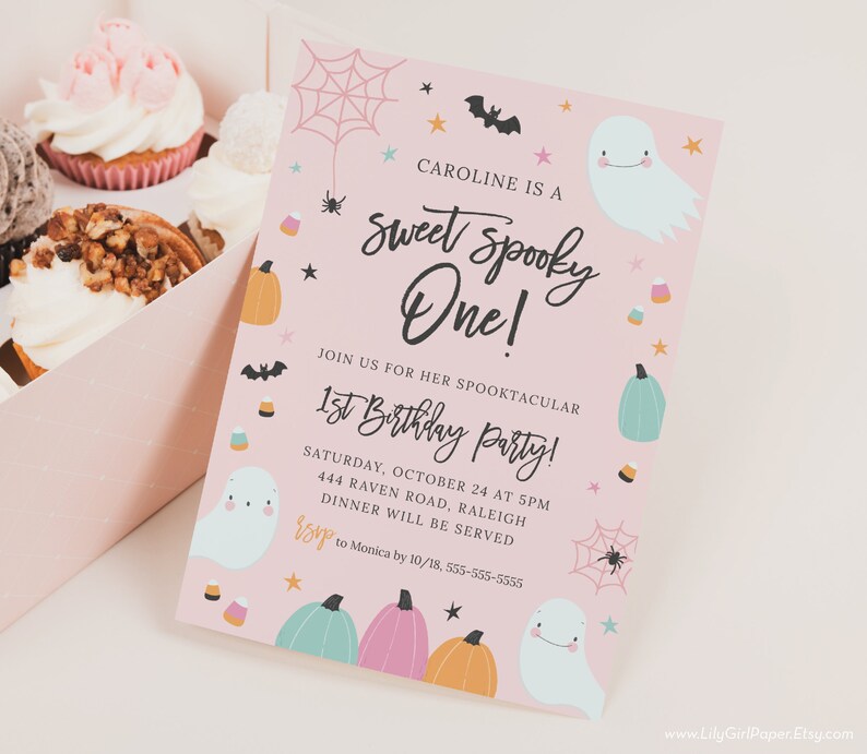 May include: Pink and white invitation with a ghost and spider web design. The text reads "Caroline is a Sweet Spooky One!" and "Join us for her Spooktacular 1st Birthday Party!"  Saturday, October 24 at 5pm, 444 Raven Road, Raleigh. Dinner will be served. RSVP to Monica by 10/18, 555-555-5555.