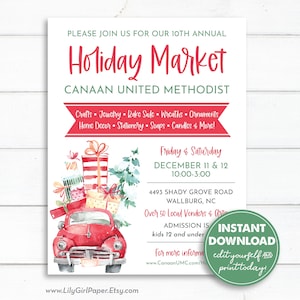 Puede incluir: Un coche rojo vintage con una pila de regalos envueltos en la parte superior. El coche está conduciendo hacia el espectador. La imagen es una ilustración de acuarela. El texto de la imagen dice "Holiday Market Canaan United Methodist Friday & Saturday December 11 & 12 10:00-3:00 4493 Shady Grove Road Wallburg, NC Over 50 Local Vendors & Artisans Admission is kids 12 and under For more information www.CanaanUMC.com/HolidayMarket"