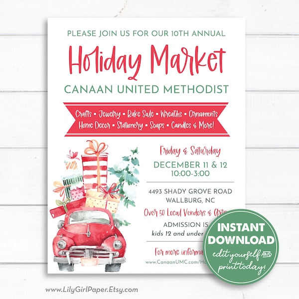 Editable Holiday Market, Christmas Craft Show, Bake Sale Flyer, Invitation, Announcement, INSTANT DOWNLOAD, All Text is Editable, 0248