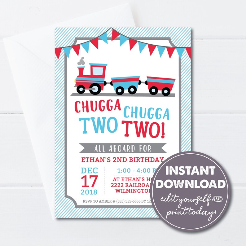 May include: A blue and red train birthday party invitation with the text "Chugga Chugga Two Two!" and "All Aboard for Ethan's 2nd Birthday". The date is December 17, 2018. The time is 1:00-4:00 PM. The invitation has a red, white, and blue bunting at the top.