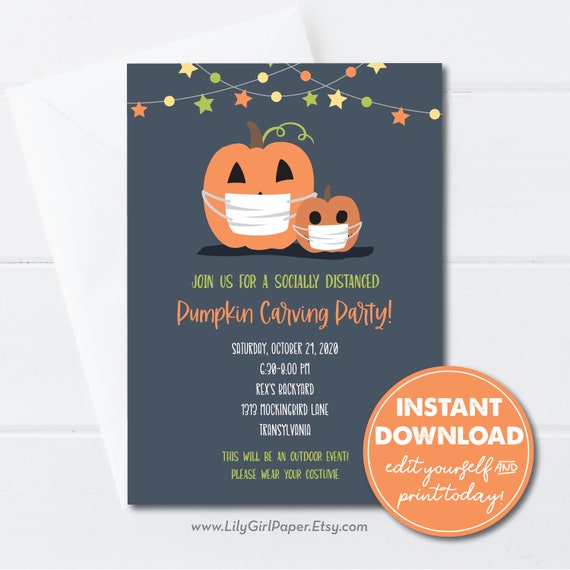 Editable Halloween Socially Distanced Pumpkin Carving Party Invitation, INSTANT DOWNLOAD, Easily Edit, Download and Print Today! 0197 Il_570xn