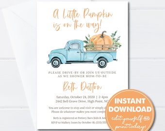 Drive-by or Outdoor Baby Shower Invitation, A Little Pumpkin is on the way, Baby Boy Shower, EDITABLE INSTANT DOWNLOAD! 0214