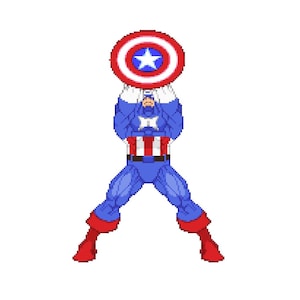 Op de afbeelding: Een pixel art-illustratie van Captain America in een blauw en rood pak, met een rood, wit en blauw schild boven zijn hoofd.