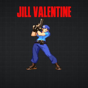 May include: Pixelated image of a character in a blue uniform, holding a gun. The text "JILL VALENTINE" is displayed in red at the top. The character is in a shooting stance against a dark grey grid background.