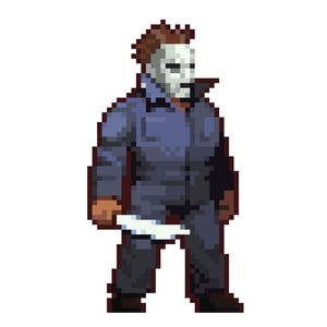 May include: A pixel art illustration of a character wearing a blue jumpsuit and a white mask, holding a knife. The character has brown hair and a white mask with black eye holes and a black mouth.