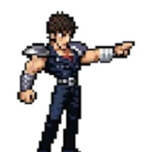 May include: A pixelated illustration of a character from a video game or anime. The character is wearing a dark blue outfit with brown hair and a determined expression. The character is pointing to the right.