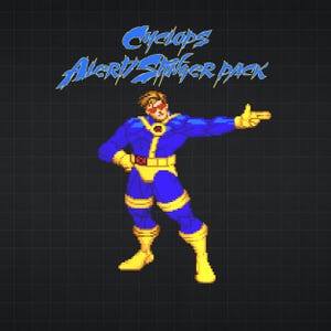 May include: Pixelated illustration of Cyclops from the X-Men, in a dynamic pose. He wears a blue and yellow costume with a red visor. The text "Cyclops Alert Stinger Pack" is above him in a stylized font, set against a dark grid background.