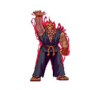 May include: Pixelated illustration of a muscular character in a dark blue outfit with a brown belt and wristbands. The character has red hair and a red aura. The character is raising their right arm.