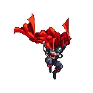 Puede incluir: Ilustración de arte pixelado de un personaje en una pose dinámica, con una capa roja ondeante. El personaje es principalmente gris oscuro con detalles rojos y una máscara blanca. La imagen tiene una estética de videojuego retro.