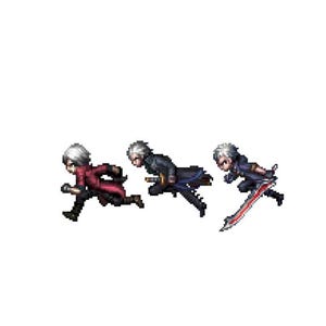 May include: Three pixel art characters running in a row. The character on the left is wearing a red coat and black trousers. The middle character is wearing a black coat and black trousers. The character on the right is wearing a blue coat and black trousers. All three characters have white hair and are holding weapons.