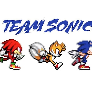 May include: A pixelated image of the video game characters Sonic the Hedgehog, Tails, Knuckles, and the text "TEAM SONIC".