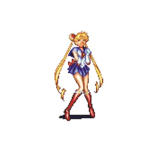 May include: A pixel art illustration of a female anime character with long blonde hair, wearing a blue and white sailor uniform with a red bow, and red boots. She is standing with her arms crossed and her head tilted to the side.