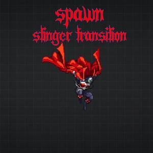 May include: Pixel art illustration of a character with a red cape and a black and white suit. The text "Spawn stinger transition" is in red gothic font above the character on a dark gray grid background.