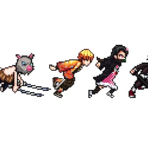 May include: Pixel art illustration of five characters from the anime Demon Slayer. The characters are running and facing right. The characters are Inosuke Hashibira, Tanjiro Kamado, Nezuko Kamado, Zenitsu Agatsuma, and Giyu Tomioka.