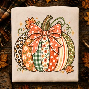 Preppy Fall Pumpkin PNG, Pumpkin Bow Shirt Design, Patchwork Autumn Sublimation
