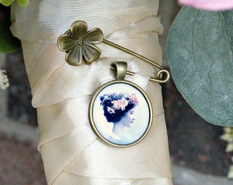 Wedding Bouquet Photo Charm Flower Pin Copper Brass Bridal Memory Accents Frame Set