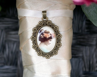 Rose Bouquet Photo Charm Frame Oval Brass Wedding Bridal Memory Vintage