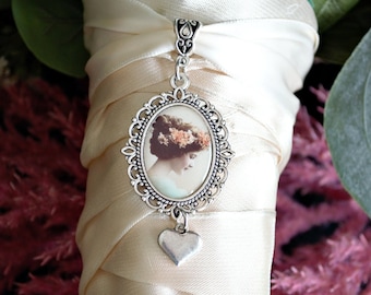 Bouquet Photo Charm Wedding Oval Ornate Bail Antique Memory Frame Silver