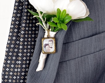 Groom Boutonniere Mens Bronze Photo Charm Frame Wedding Bridal Memory Bouquet