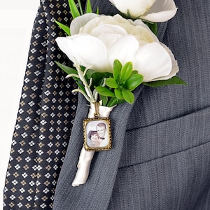 Groom Boutonniere Mens Bronze Photo Charm Frame Wedding Bridal Memory Bouquet