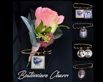 Groom Boutonniere Pin Mens Brass Photo Charm Frame Bridal Memory Safety