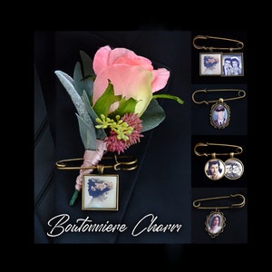 Groom Boutonniere Pin Mens Brass Photo Charm Frame Bridal Memory Safety